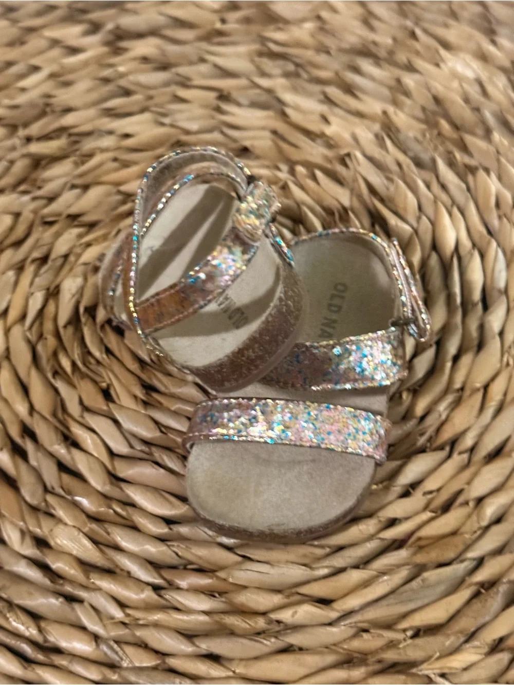 Old Navy Girls' Rose Gold Glitter Strap Sandals with Multicolor Sparkle